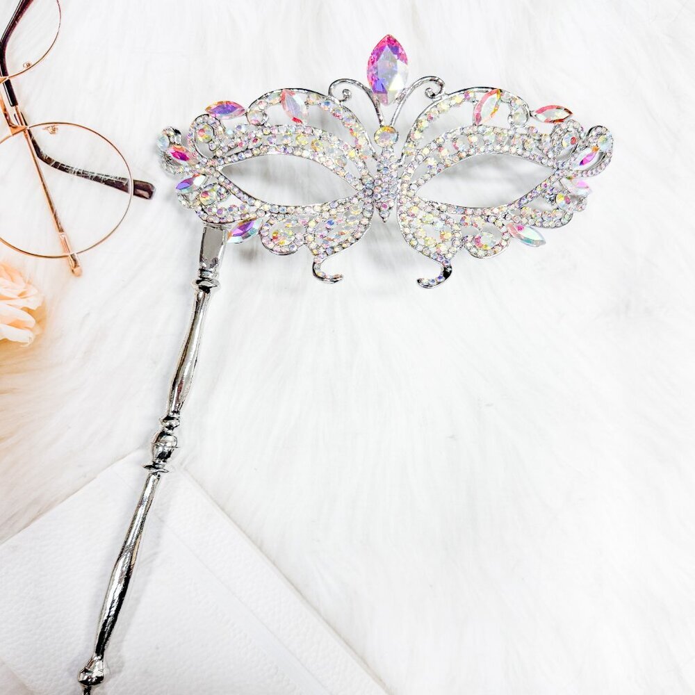 Crystal Mask with Stick, Prom Mask, Masquerade Ball Mask, Silver Wedding Mask